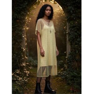 NWT ZARA Sheer Mesh Pearl Embellished Midi Dress Women's XS/S Tan Romantic